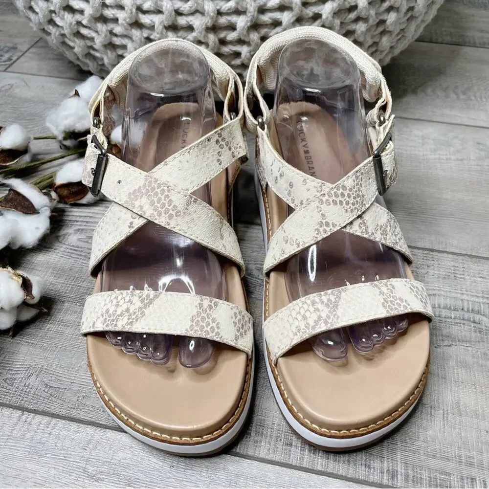 Lucky Brand Idenia Leather Snake Embossed Flatform Sandals Stucco Lomo Size 9.5M